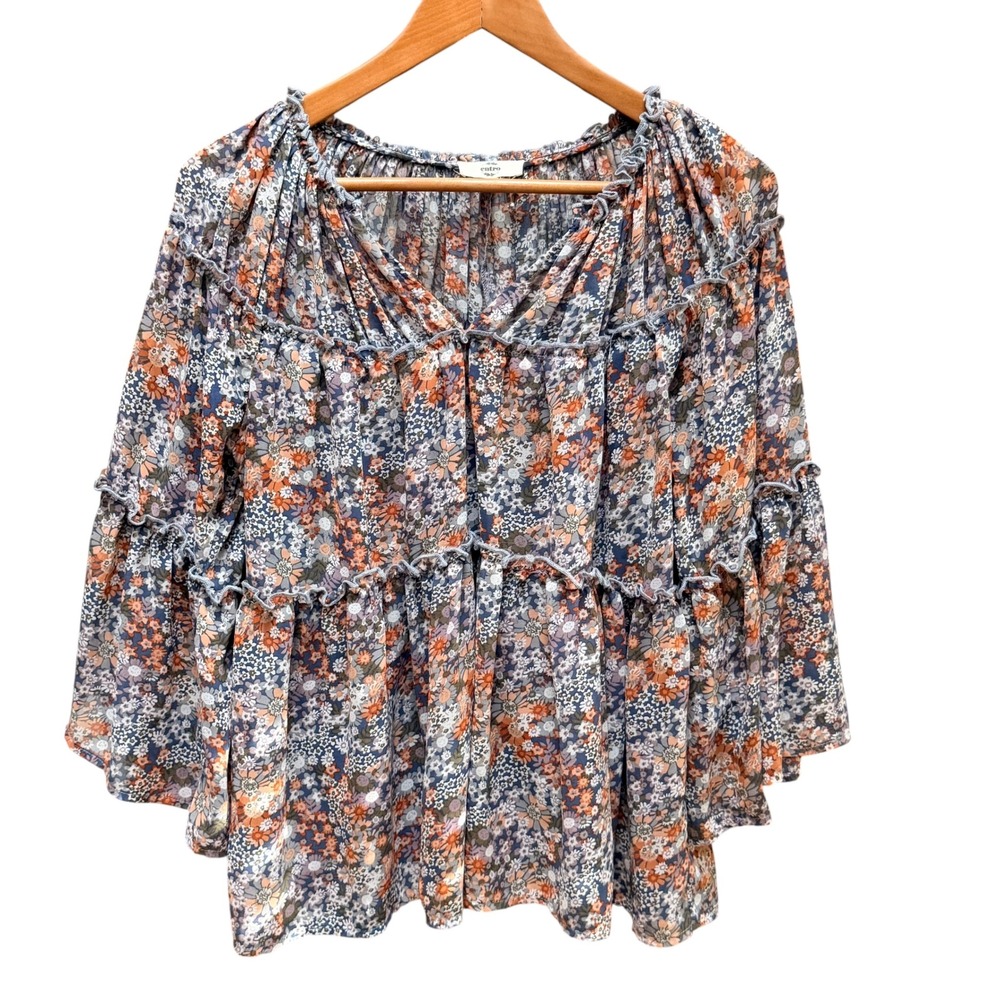 Entro Top Womens Small Blue Floral Babydoll Tiered Bell Sleeve Boho Cottagecore